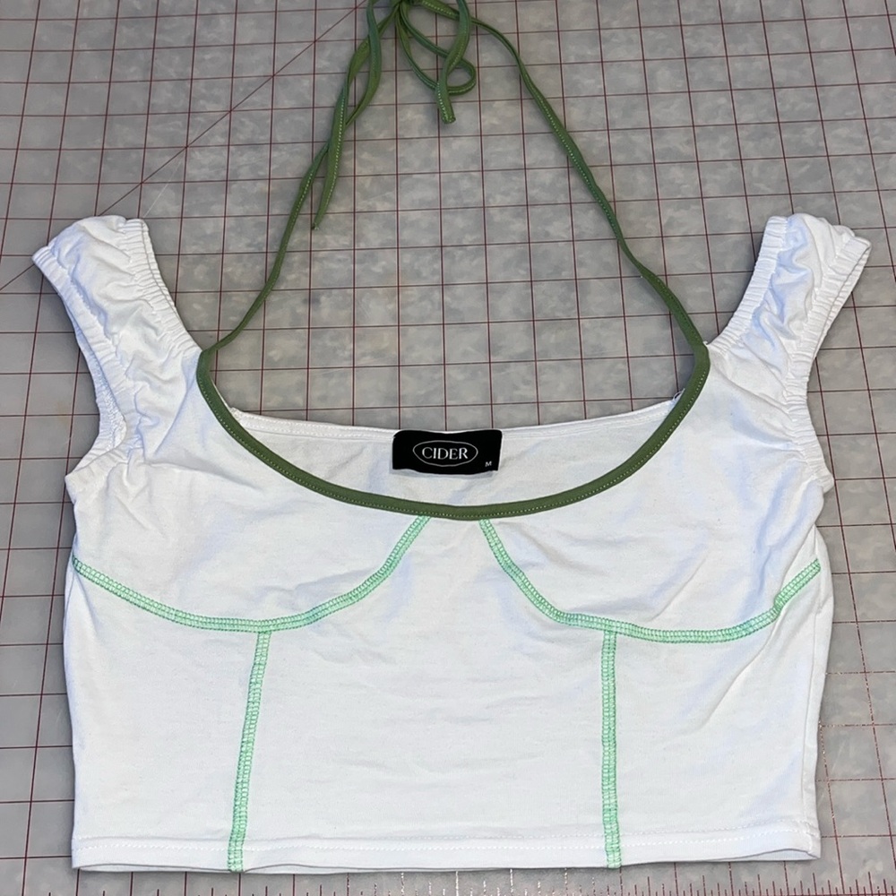 Cider white and green, tie-up, crop top. Size M.